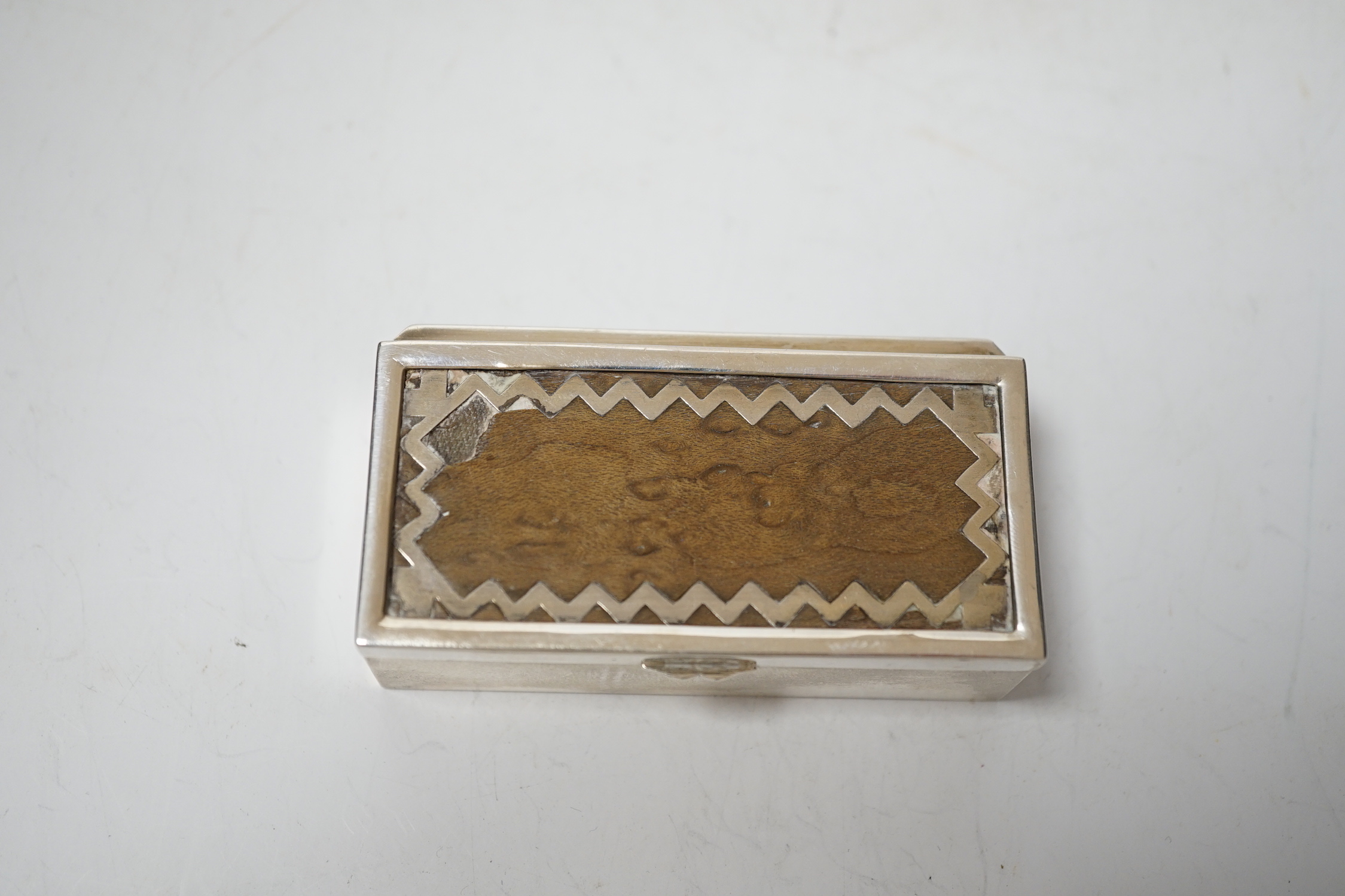 A continental white metal triple compartment rectangular stamp box(ex surmount?), 72mm.